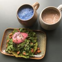 Green waffle. Raw chocolate and blue spirulina and blueberry latte.  at Matcha Bar in Copenhagen
