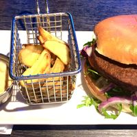 Green burger and fries and aoili at Peppes Pizza in Geilo