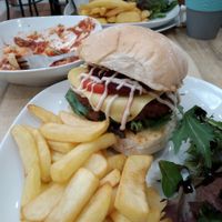 Real burger, chipotle chicken burger and half eaten gnocchi at Fibonacci Coffee in Baulkham Hills