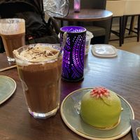 Princess cake and hot chocolate  at Green Praline in Farsta