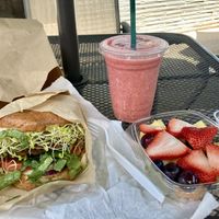 Nutburger, smoothie, and small fruit salad 😋   at Sunflower Drive-In in Fair Oaks