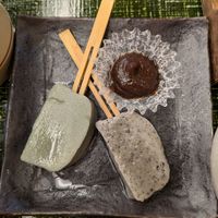 Neutral tasting gelatinous shapes at Saga Tofu Ine (Main Branch) 嵯峨とうふ 稲 本店 in Kyoto
