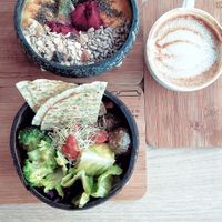 Falafel bowl, tropical bowl and soy coffee at House Brew Cafe in Boracay