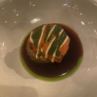 Eggplant, tomato and 3 sauces on top  at FREA in Berlin