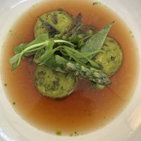 Green pea Knödel, spring herb dashi  at FREA in Berlin