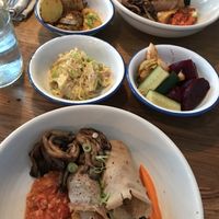 Buckwheat pancakes, roasted potatoes, coleslaw and fermented veggies. at FREA in Berlin