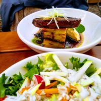 Potato and eggplant terrine and salad. at FREA in Berlin