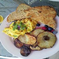 called the 'Brunch Scramble' with organic eggs and rosemary red potatoes at Birchwood Cafe in Minneapolis