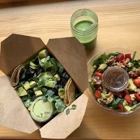 Pricey- Taco salad ($10), Strawberry Summer salad ($9), and jar of Low Sugar Ginger Green Juice ($10) at Juice Amour in Burlington