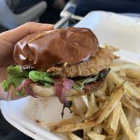 Agave buffalo “chicken” sandwich with fries   at Evolve Modern Vegan Kitchen in Daytona Beach