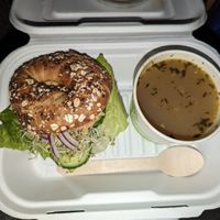 Very veggie bagel & lentil soup, all made vegan at Coco's Cafe in Jasper