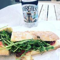 Delicious Compassavate Caprese and a sugar free root beer.   at The Vreamery in Paso Robles