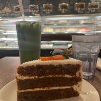 Iced matcha latte with soy milk and carrot cake  at Martha's Country Bakery in Brooklyn