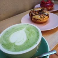 Matcha oat latte at COCO Donuts in Brussels