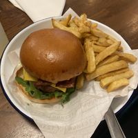 Bacon plant burger with fries   at Honest Burgers in North London