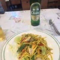 Beer and drunken yellow noodles  at Aroy Dee in Chiang Mai