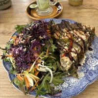 Mediterranean tart and salad (strawberry matcha latte)   at Hungry Cat in Harleston