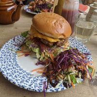 Delicious cheeseburger, served with a super side salad at Hungry Cat in Harleston