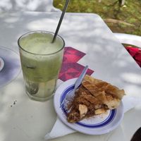 Apple pie, apple/kiwi juice and a curious visitor at Casa in Faial