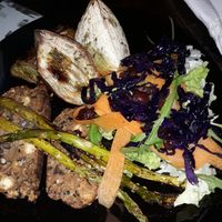Amazing black bean loaf, roasted sweet potatoes and asparagus and fresh salad at Casa in Faial