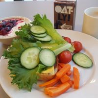 Breakfast at Scandic hotel Vaasa. Seitan deli slices on fresh bread, porridge with berries and oat yoghurt. Whole fridge full of vegan stuff. :) at Scandic Hotel in Vaasa
