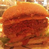 Double cheese burger. Delicious! (Sorry for the light) at Mad Mad Vegan - Chueca in Madrid