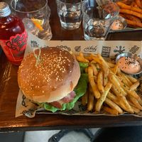 Double cheese vacon burger with cajun fries (and frutos del bosque kombucha) at Mad Mad Vegan - Chueca in Madrid