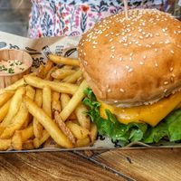 Double Cheese Vacon Burger - with regular fries at Mad Mad Vegan - Chueca in Madrid