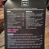 The menu at Mad Mad Vegan - Chueca in Madrid