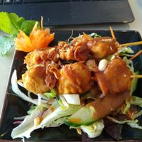 Faux chicken skewer appetizer. at Tiato in Berlin