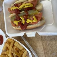 two vegan chicago dogs and creole fries   at Jordan's Girls Gourmet Dawgs in Columbus