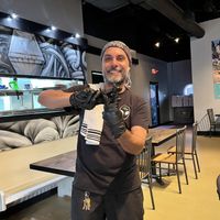 Chef Roozi VEGAN GANG SIGN! REPRESENT!  at Pythagoras Conscious Food Philosophy in Houston