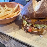 Falafel burger with fries  at Pythagoras Conscious Food Philosophy in Houston