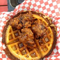 Jerk Chicon and waffles at Sassy's Vegetarian Soul Food in Austin