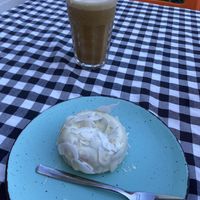 iced coffee with oat milk, white chocolate spelt donut - and also had a blueberry banana smoothie not pictured at Kat's Kitchen Brunch Club in Split