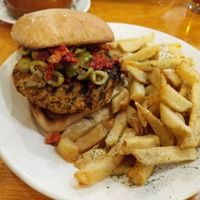 Lost Mined vegetarian burger, vegan without butter and cheese, also includes their  vegan fries. at Lost Mined Brewing Company in Shamokin
