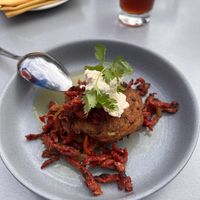Tofu cheese- potato zucchini fritter   at Luna Red in San Luis Obispo