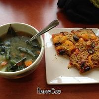 Miso veggie soup and vegan pizza! at Alpine Bakery in Whitehorse
