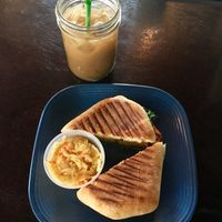 Panini and iced coffee at Drunken Monkey Coffee Bar in Orlando
