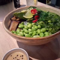 Bowl with tofu, avocado, eggplant and more. at Don's Noodle Shop in Tilburg