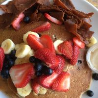 Patriotic pancakes 🥞  with vegan bacon 🥓  at Colony Diner in Wallingford