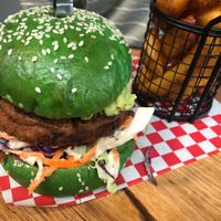 Another angle of vegan burger at Earthbound Bolton in Eltham