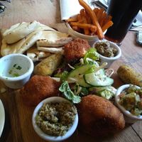 Vegan platter - olive tapenade, hummus, pitta, BBQ cauliflower, croquettes at The Old Lodge in Stroud