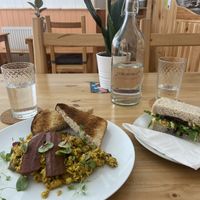 Scrambled tofu on toast with mushrooms and ‘bacon’ and a sandwich at The Sly Fox in Edinburgh