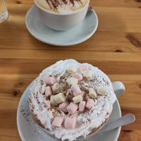 Hot chocolate with whipped cream and marshmallows/cappuccino #Veganuary at The Sly Fox in Edinburgh
