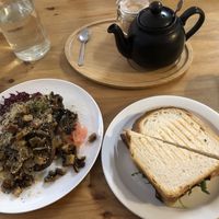 Mushroom bruschetta, pastrami toastie, sea buckthorn tea ♥️  at The Sly Fox in Edinburgh