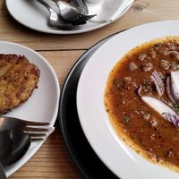 Goulash with potato pancakes at The Sly Fox in Edinburgh