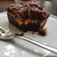 Best brownie ever!!! Soft and this caramel... Hmmmmm!!! at KIRAS - Pylimo in Vilnius