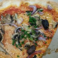 Vegan pizza with cheese sauce.. at Vinci's Pizza in Napier