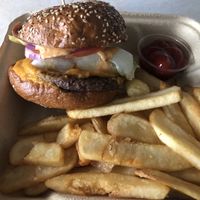 Impossible burger w/ steak cut fries at Saturn Cafe in Santa Cruz